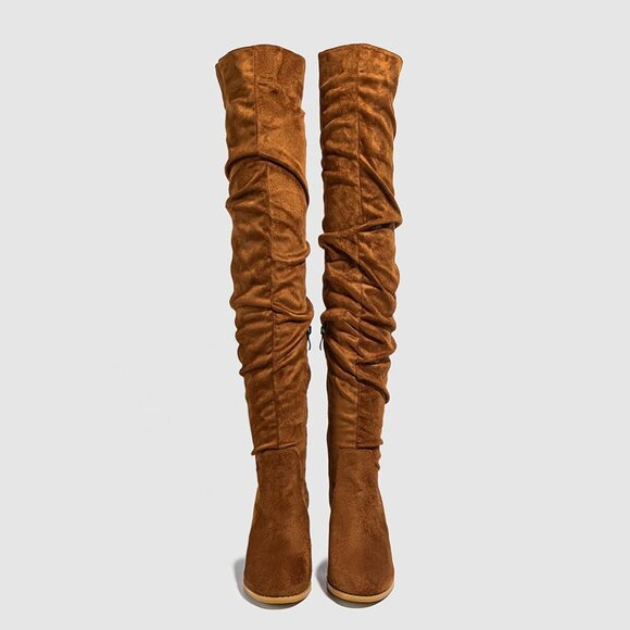 Women Brown Suede Leather Pull On Side Zipper Chunky Block Heel Thigh High Boots - Picture 2 of 6